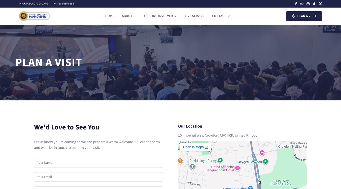 The Christ Embassy Croydon plan a visit page