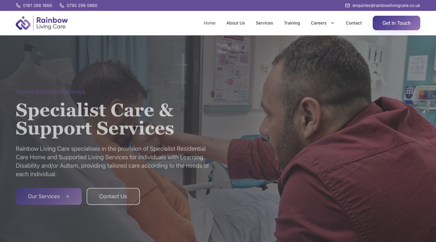 The Rainbow Living Care website homepage