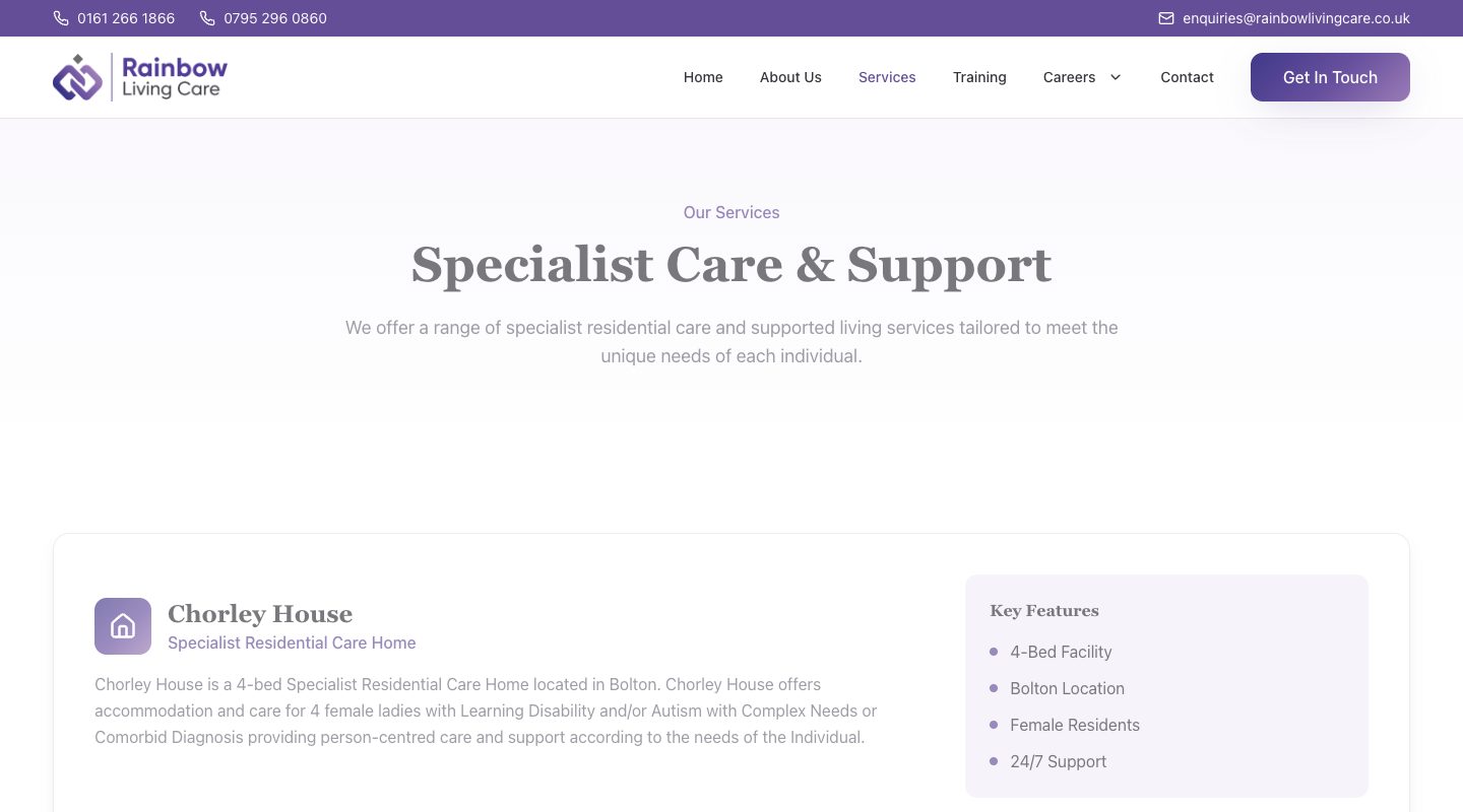 The Rainbow Living Care services page